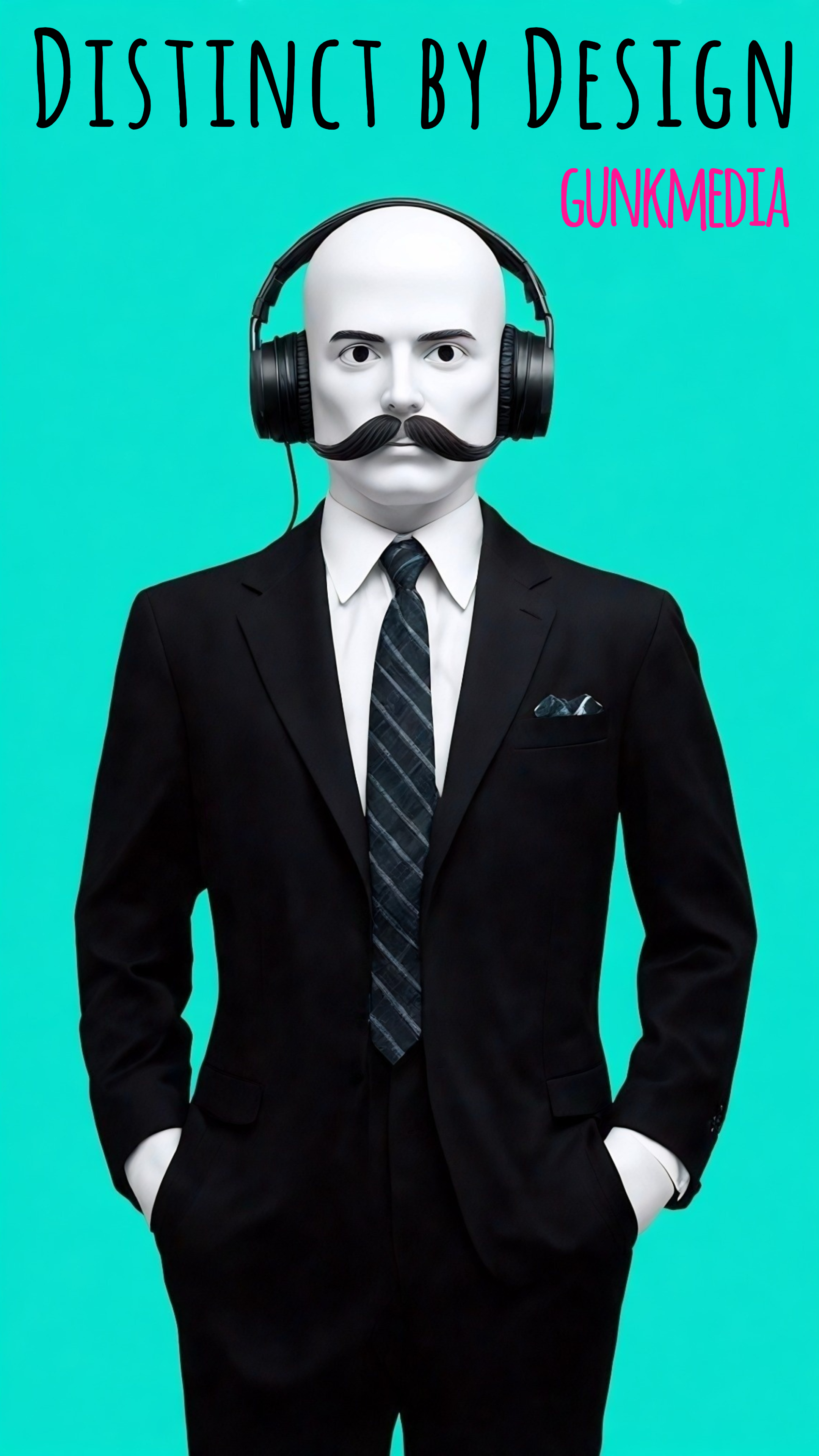 "Stylized man in a suit wearing headphones with the text 'Distinct by Design' and 'Gunk Media' displayed."